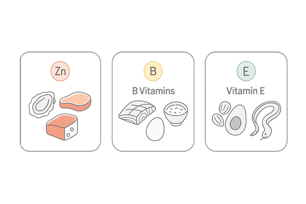 髪の成長を助ける栄養素と食品例|亜鉛・ビタミンB群・ビタミンE(抜け毛を減らす食事)