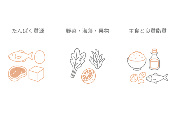 髪を育てるバランス食の全体像—たんぱく質・野菜/海藻・主食/良質脂質の3カード比較
