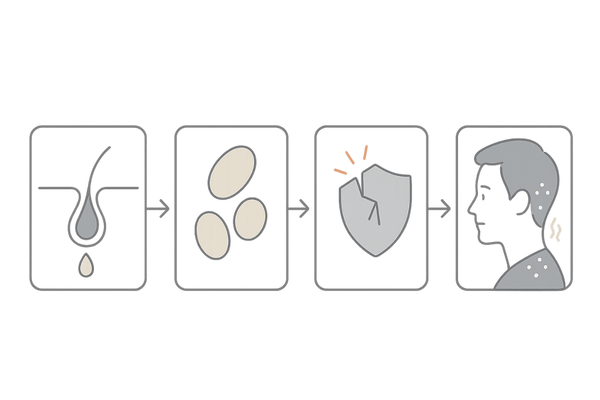 脂漏性皮膚炎の発症メカニズム：皮脂→マラセチア増殖→炎症→フケ・かゆみ