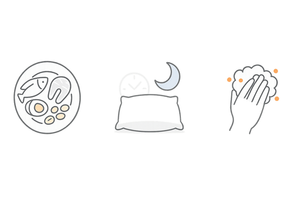 髪を太くするセルフケア3要素のイラスト（食事・睡眠・正しいシャンプー）