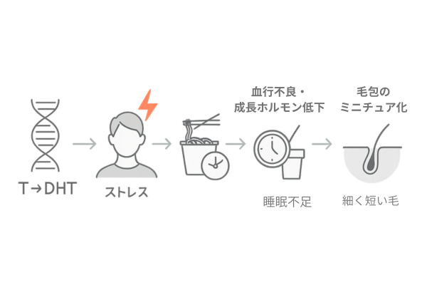 30代のAGAが進行しやすい原因フロー(遺伝・ホルモン×ストレス×生活習慣)