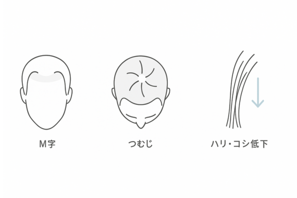 30代AGAの初期症状3連パネル(M字後退・つむじの透け・髪質のハリコシ低下)