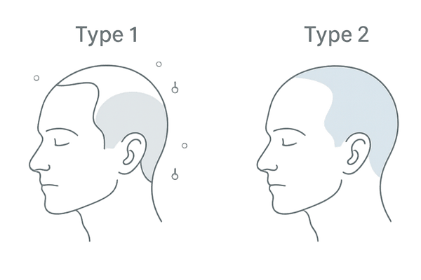 Ⅰ型とⅡ型5αリダクターゼの分布比較（側頭・後頭 vs 生え際・頭頂）