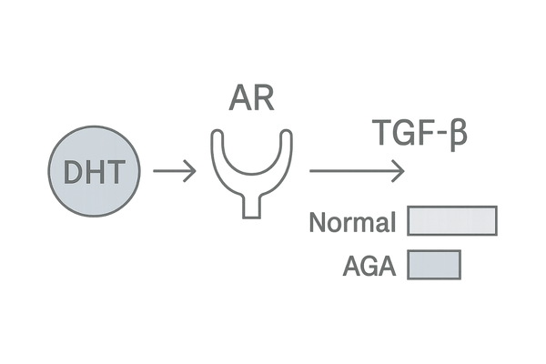 DHTとアンドロゲン受容体（AR）によるTGF-β誘導とヘアサイクル短縮
