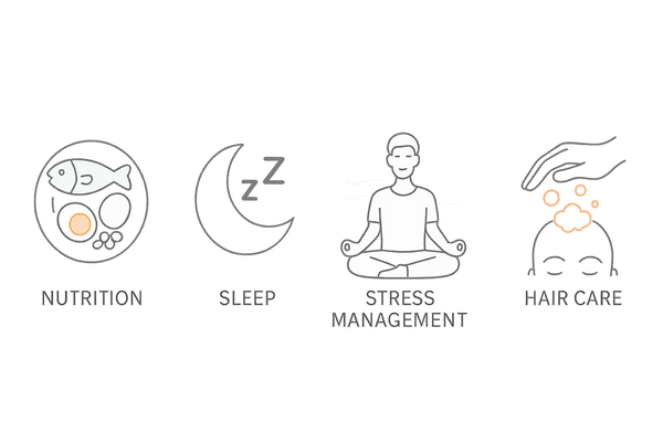 AGA維持期の生活習慣｜栄養・睡眠・ストレス・ヘアケアの4アイコン