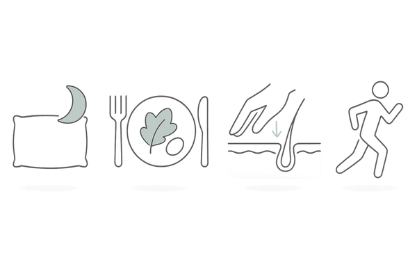 休薬期間のセルフケア4要素（睡眠・栄養・頭皮ケア・運動）のアイコン列