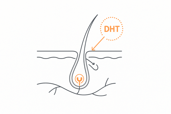 AGAの原因メカニズム|DHTが毛包に与える影響の模式図(毛包断面・受容体・矢印)