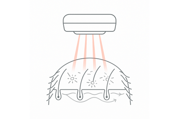 低出力レーザー(LLLT)の作用|頭皮への光照射でミトコンドリア活性・血流改善を示す図