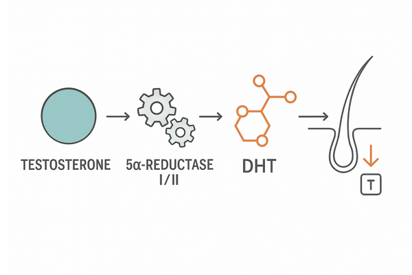 DHT生成の流れ｜テストステロン→5αリダクターゼ→DHT→毛母細胞作用フロー