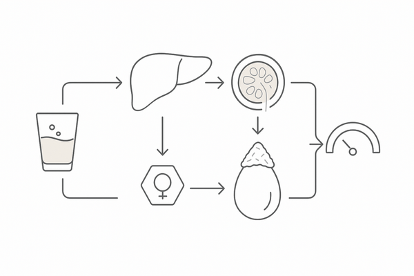 アルコールがテストステロン低下に至る3経路（精巣・肝臓・コルチゾール）のフロー図