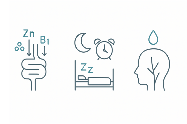 飲酒による間接的悪影響（栄養吸収低下・睡眠質低下・脱水と頭皮血行不良）の3カラム図