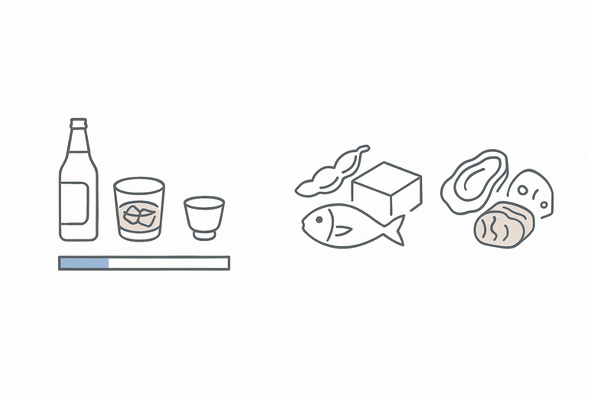 節度ある飲酒（純アルコール20g目安・休肝日・おすすめ食品）の実践イメージ