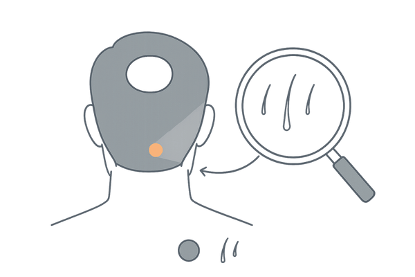 後頭部の円形脱毛症の初期症状イメージ（脱毛斑と感嘆符毛）