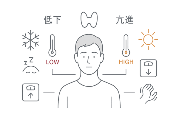 甲状腺機能低下症と亢進症の症状比較（寒がり・暑がり／体重変化などの簡易アイコン）