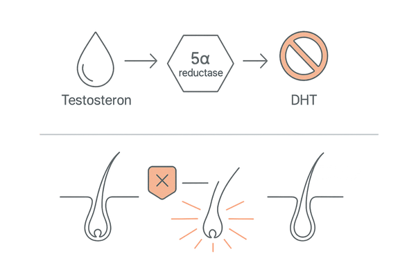AGA治療の作用点マップ｜5αリダクターゼ阻害とミノキシジルの併用イメージ
