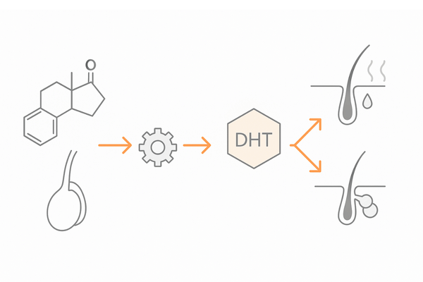 テストステロンからDHTへの変換と薄毛・体臭のメカニズム図