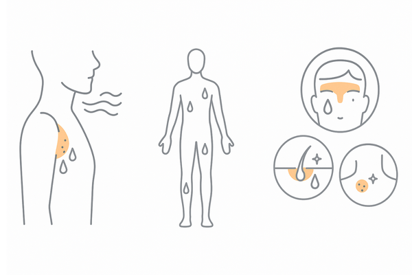 体臭の3つの発生源（アポクリン汗腺・エクリン汗腺・皮脂腺）の比較図