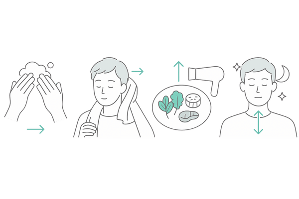 頭皮と体臭のための生活習慣4ステップ（洗浄・乾燥/換気・食事・睡眠/ストレス管理）