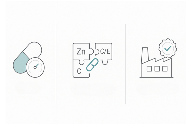 ビオチンサプリの選び方｜含有量・相乗栄養素・品質管理（GMP）の3カラム比較アイコン図