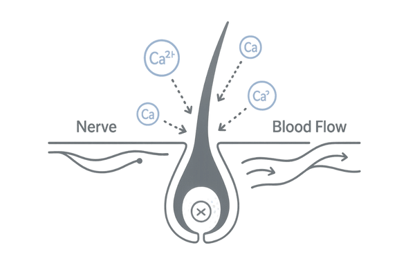 カルシウムの間接的役割：毛母細胞の細胞分裂・神経伝達・血流サポートの模式図