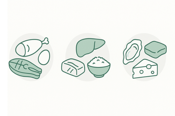 コシのある髪を支えるインナーケア食品イメージ（タンパク質・ビタミンB群・亜鉛）