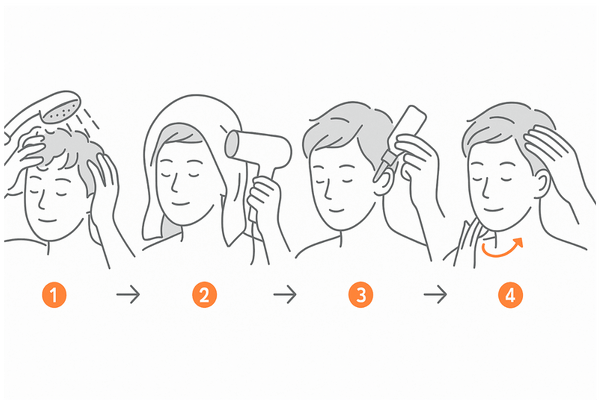 フロジン外用液の正しい塗布手順（洗髪→乾燥→塗布→マッサージ）図解