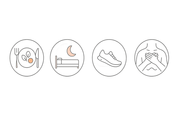 フロジン外用液の効果を高める生活習慣（食事・睡眠・運動・ストレスケア）アイコン集