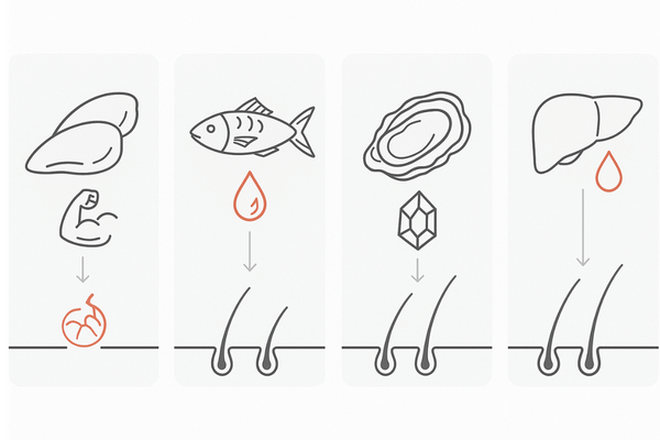 薄毛対策におすすめの肉・魚介(鶏むね・青魚・牡蠣・レバー)の効果イメージ