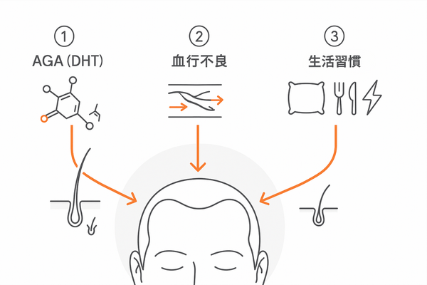 前髪の薄毛の主原因図解（AGA・血行不良・生活習慣）｜前髪 薄毛 改善の仕組み