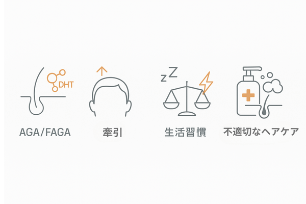 前髪の抜け毛の主な原因4分類(AGA/FAGA・牽引性・生活習慣・不適切ヘアケア)の横並びアイコン図