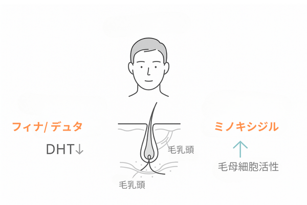 「守り(内服)×攻め(外用)」で前髪の薄毛を改善する治療イメージ(フィナ/デュタ+ミノキシジル)