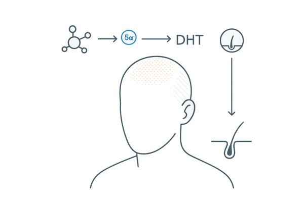 前髪が薄くなる原因|Ⅱ型5αリダクターゼとDHTの影響エリア図解(前頭部・頭頂部が進行しやすい理由)