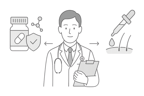 専門治療の全体像｜内服（フィナステリド/デュタステリド）＋外用（ミノキシジル）を医師が管理