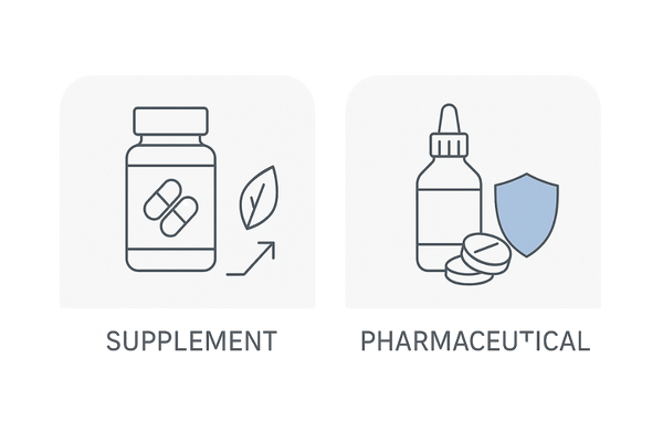 育毛サプリと医薬品の違い｜「栄養補助」と「治療」の2カラム比較図（ミノキシジル・フィナステリドの象徴アイコン入り）