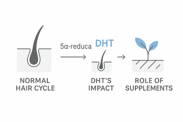 DHTによるヘアサイクル短縮とサプリの役割｜「治療ではなく環境サポート」の3コマフロー図