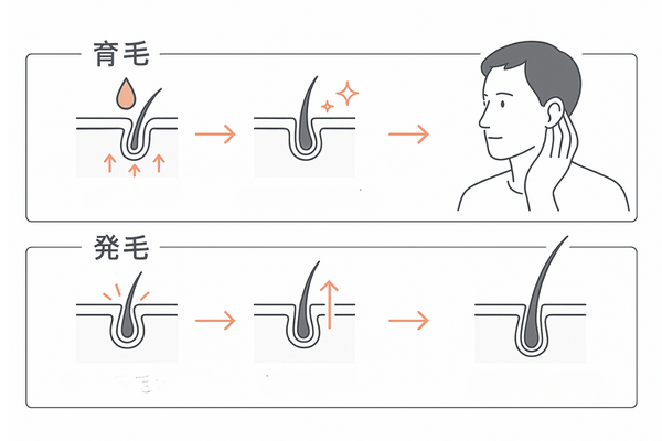 育毛剤と発毛剤の効果の流れを比較したヘアサイクルフロー図