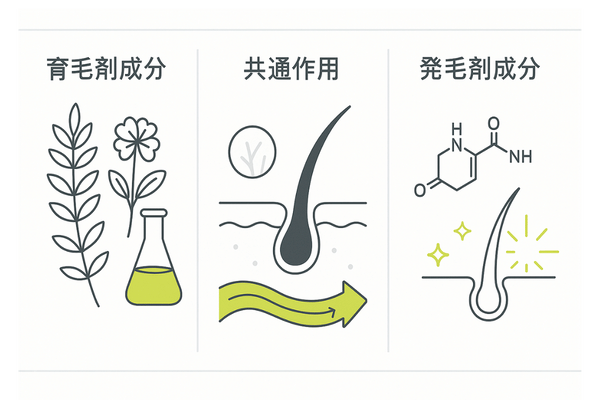 育毛剤と発毛剤に含まれる有効成分と働きの比較図