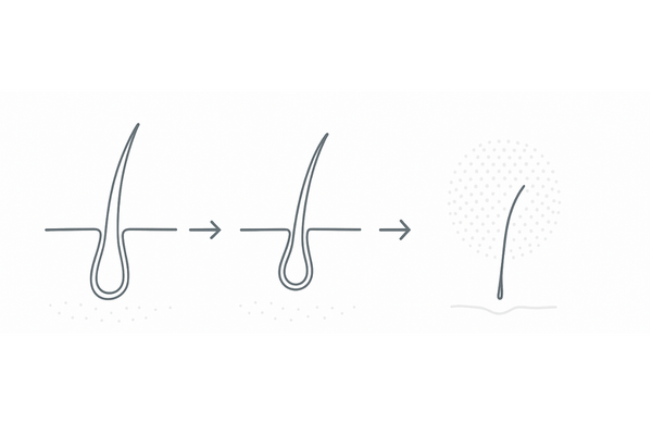 AGAでヘアサイクルが短縮する流れ｜成長期短縮・軟毛化・密度低下のフロー図