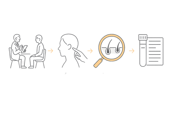 医療機関での薄毛診断フロー（問診→視診→マイクロスコープ→血液検査）