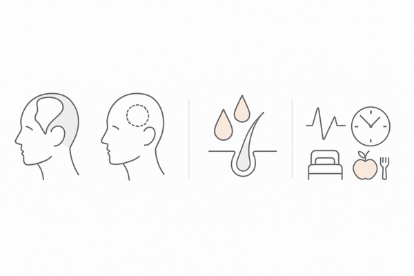 薄毛の主な原因タイプ早見図（AGA・円形脱毛症・脂漏性・生活習慣）シンプル線画の3〜4カラム比較