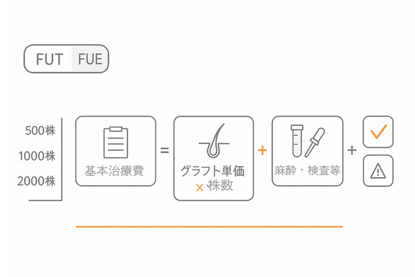 毛髪移植の費用内訳：基本費用＋株数×単価＋方法差の概念を可視化した横長図