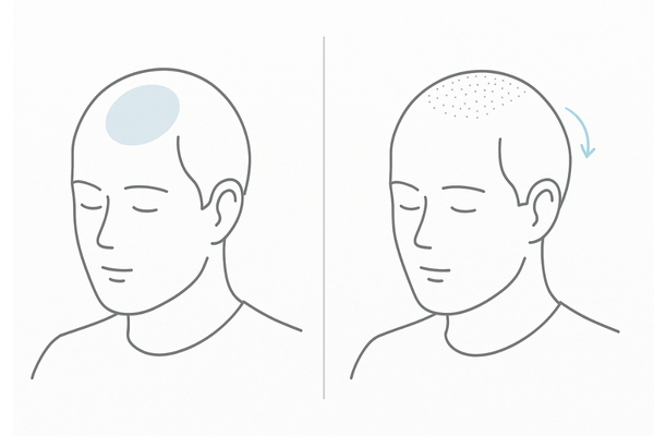 生え際の円形脱毛症とAGAの違い（境界の明瞭さと進行様式の比較図）