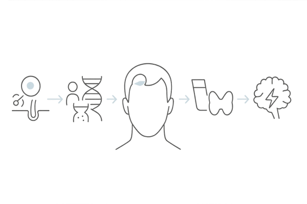 生え際に起こる円形脱毛症の主な誘因イメージ（免疫・遺伝・アトピー素因・ストレス）