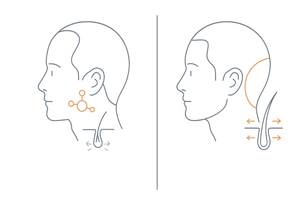 生え際が難しい医学的理由の比較図（DHT感受性と血行の違い）
