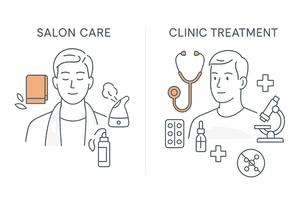 ヘッドスパ（サロンケア）とAGAクリニック治療の違い（目的・手段のビジュアル比較）