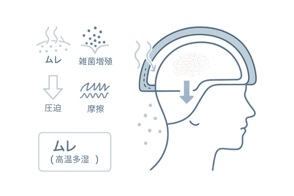 ヘルメット内部のムレ・圧迫・摩擦が頭皮に与える影響(メカニズム図)