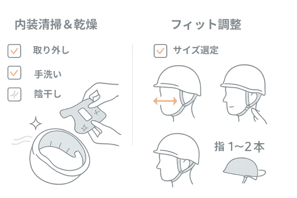 ヘルメットのメンテナンス&正しいかぶり方:清掃・乾燥・フィット調整(チェックリスト図)