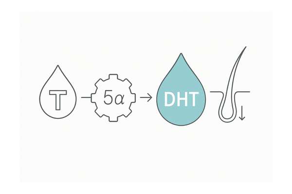 DHT生成フロー｜遊離テストステロン→5αリダクターゼ→DHT→毛包