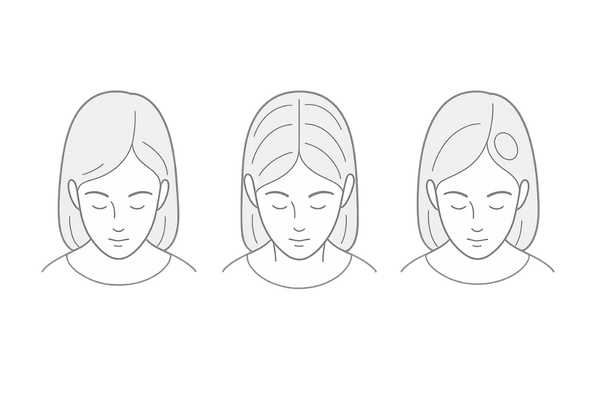 PCOS関連脱毛・FAGA・円形脱毛症の見え方の違い(3パターン頭部シルエット)