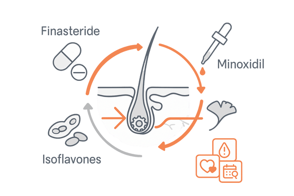 AGA治療薬とサプリ併用時の注意点｜フィナステリド・デュタステリド・ミノキシジルとイソフラボン／イチョウ葉の関係図